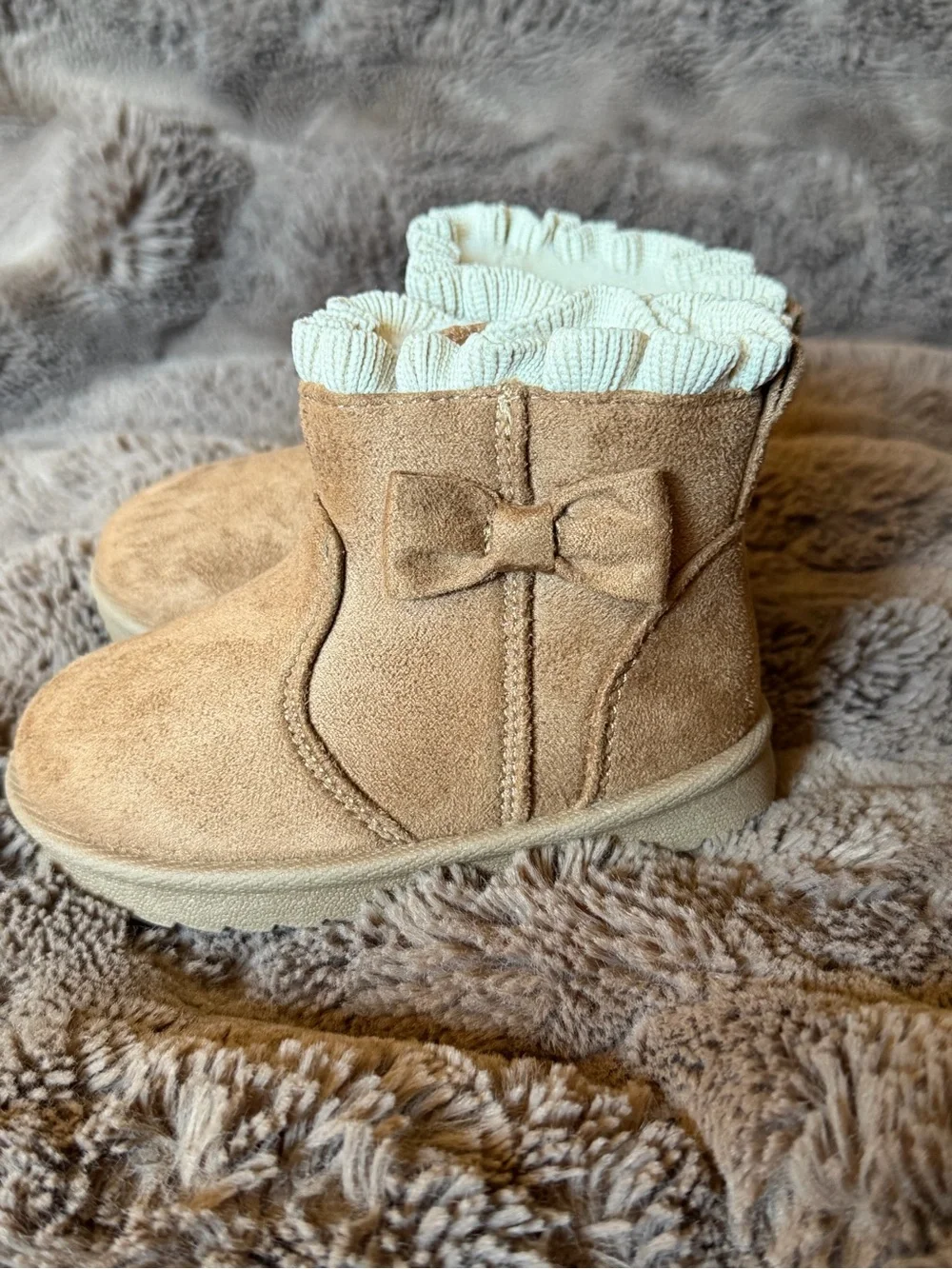 Kids Suede Bow Booties in Tan size 5 (toddler)